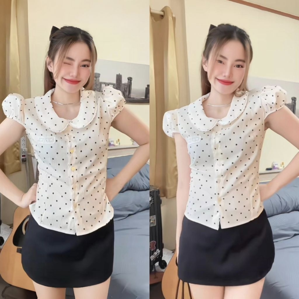 ไซส์ S-M | #ครีมลายจุด ส่งต่อ Rika น้องโซล 🍞 เสื้อเชิ้ตคอบัวแขนตุ๊กตาลายจุด Polka dot ดีไซน์น่ารักใส