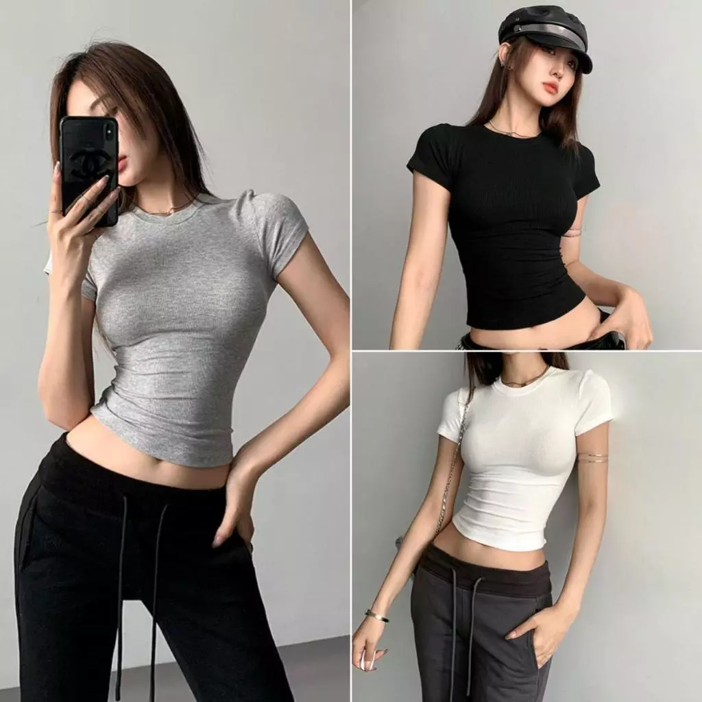 Bella Shop เสื้อยืดเซ็กซี่ เสื้อยืดแขนสั้นคอกลมสำหรับผู้หญิง ดีไซน์เรียบหรูและดูดี