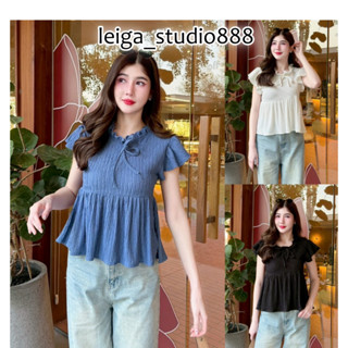 เสื้อผ้าเปลือกไม้ ผ้ายืด ใส่สบาย แขนระบาย คอแต่งระบาย ผูกโบว…