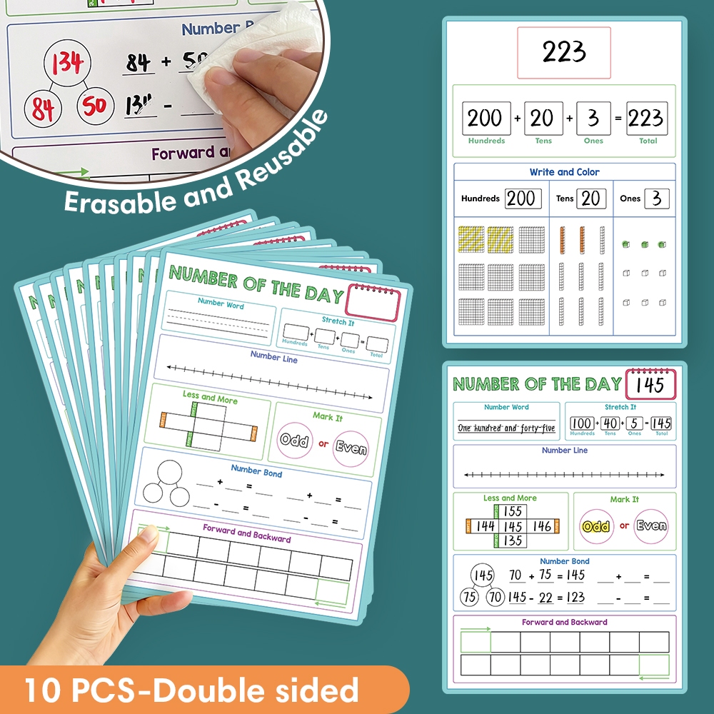 10Pcs Number of the Day Practice Poster for Kids Place Value Number Bonds Number Line and Mental Math Calculation Sheets
