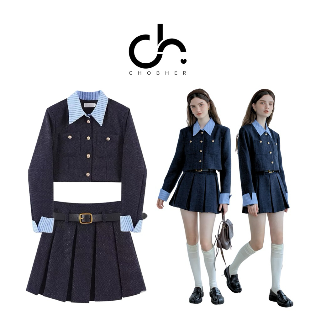 CHOBHER Navy Set ชุดเซ็ตสีกรม 3 ชิ้น (เสื้อ กระโปรง เข็มขัด) ผ้าลูกฟูก ซับในผ้าบลูเคลบุขน ชุดดิสนีย์ Judy hopps