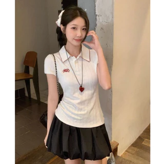 🦄พร้อมส่ง✨เสื้อยืดแขนสั้นคอปก เสื้อครอปไหมพรม เสื้อคอปกกระดุมหน้า ผ้านิ่ม ใส่บาย มินิมอล สไตล์เกาหลี