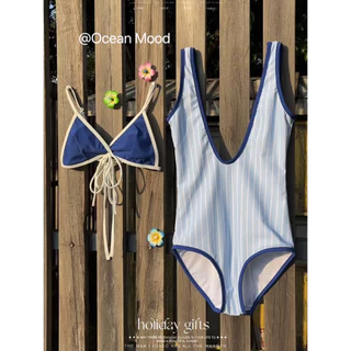 Ocean Mood | ชุดว่ายน้ำวันพีช 2 ชิ้น สีชมพูลายทาง แต่งลูกไม้ สไตล์วินเทจ Vintage Pink Striped Swimwear
