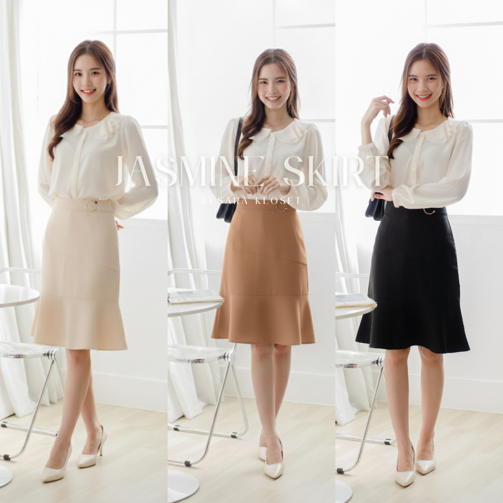 กระโปรงทำงานเอวสูง ทรงระบายหัวเข็มขัด ยาว22' Jasmine Skirt