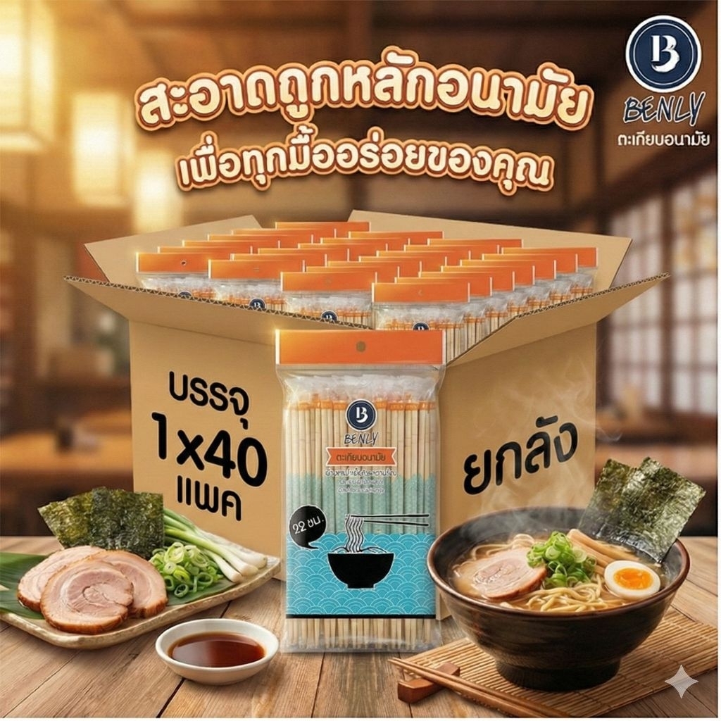 📦BENLY ตะเกียบอนามัย ตรา เบนลี่ 60 คู่×40 แพค./2,400 คู่.(ยกลัง).📦