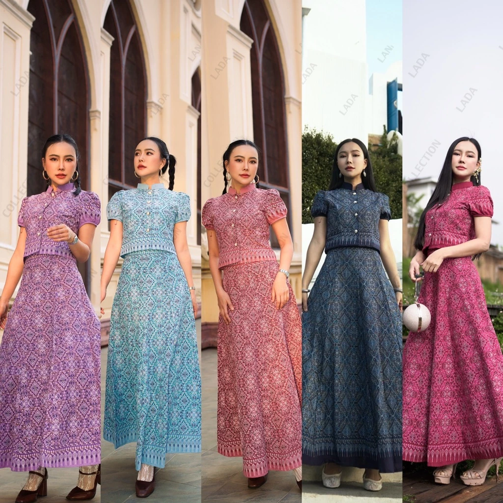 เซ็ทเสื้อแขนตุ๊กตาและกระโปรงทรง8ชิ้นแพรวาลายนาคมี6สี