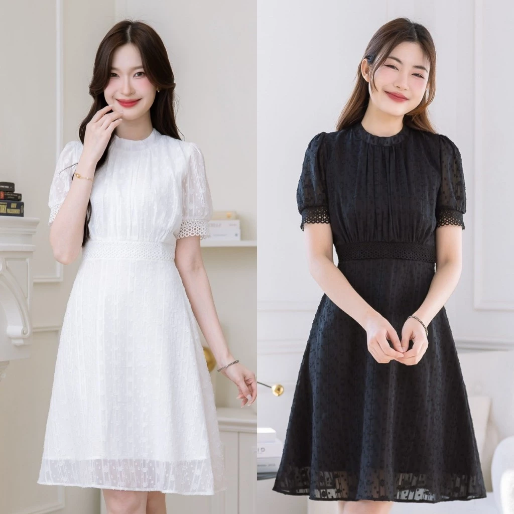 เดรส ALERT BRAND ชีฟองญี่ปุ่นเทคเจอร์ สวยหวานดูแพงสุดๆ สีขาวสวยคุณหนูสะอาดตา สีดำคลาสสิคเพิ่มความแกรนด์ความหรู แพทเทิร์น