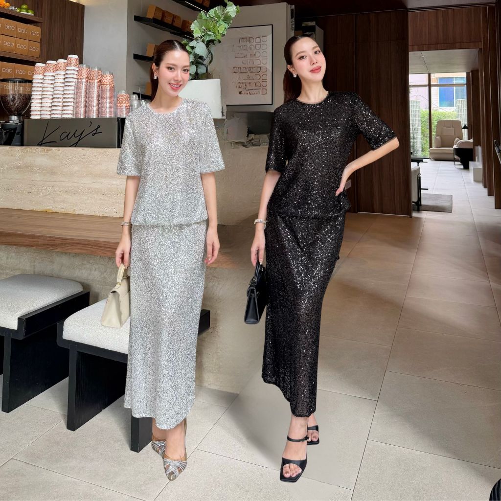 NOOZZSHOP 6511205 ชุดเซ็ตกระโปรงผ้าเลื่อม ใส่ไปออกงาน