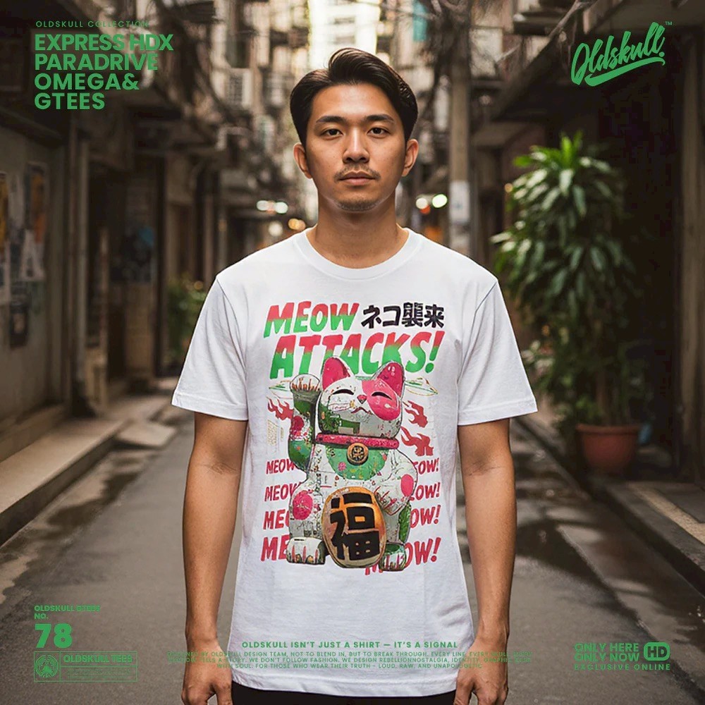 NEW OLDSKULL GTEES No.78 " MEOW ATTACKS! Lucky Cat Street Art "