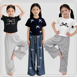 MC049 ชุดเซ็ตเด็ก เสื้อ+กางเกงขากว้าง ประดับโบว์ (ไม่ใช่ผ้ายีนส์) สไตล์เกาหลีสุดๆ