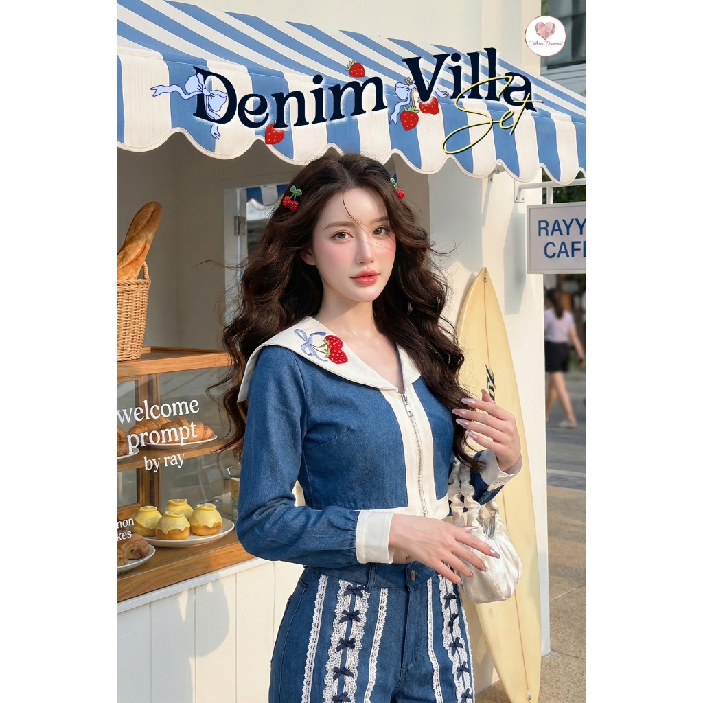 (มี3XL) ยีนส์ Denim Villa Set เซ็ต 2 ชิ้น เสื้อแขนยาวซิปหน้าปกกะลาสีงานปัก + กางเกงขายาวแต่งลูกไม้มี