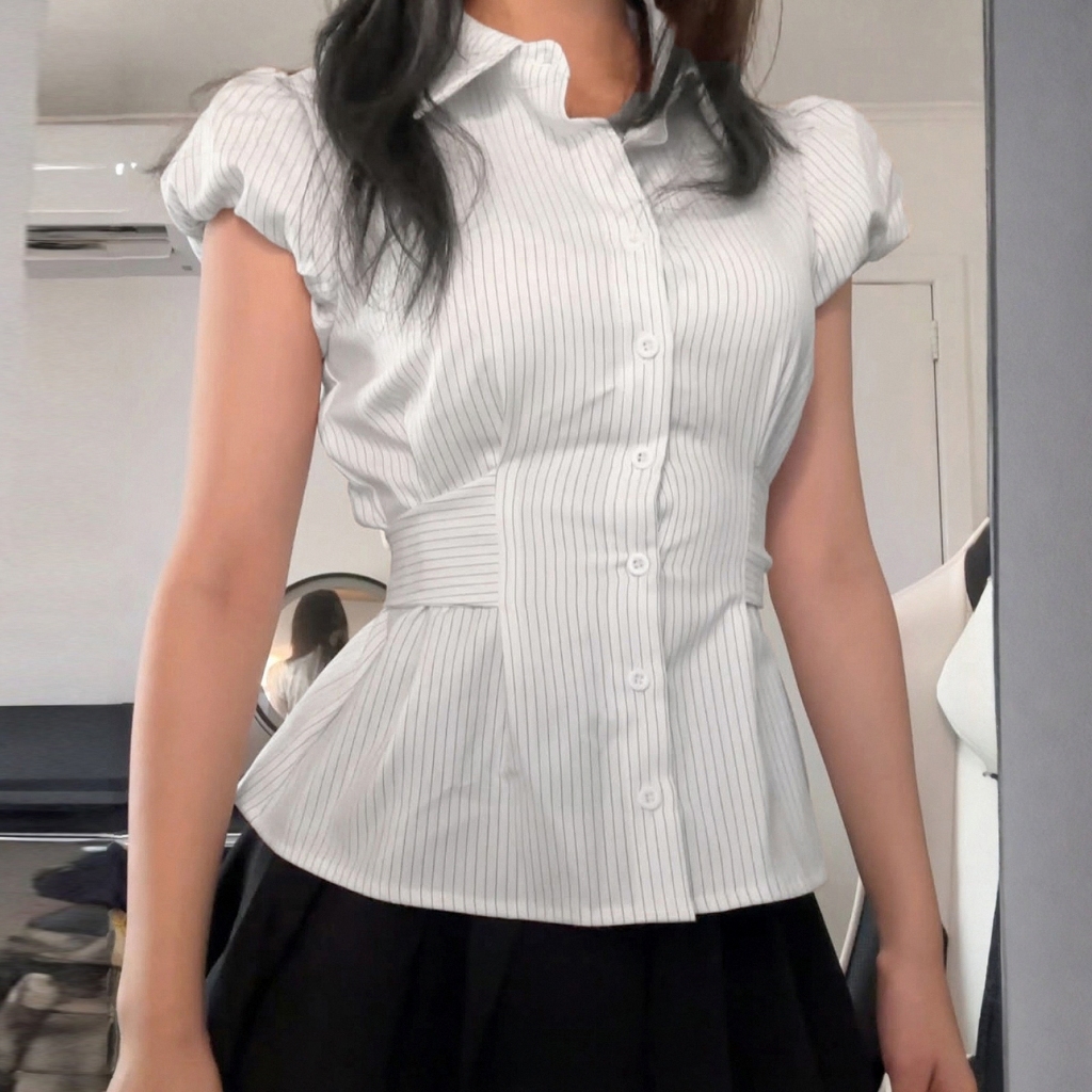 เสื้อเชิ้ตผู้หญิง แขนพอง สไตล์เกาหลี,เสื้อสตรี รัดเอว ลายทางบาง