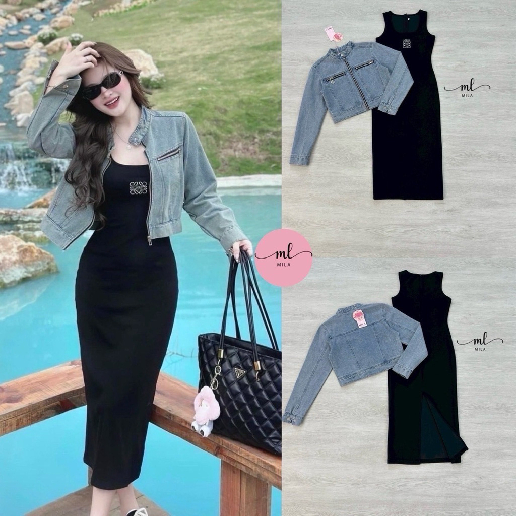MILA Set 2 ชิ้น เดรสดีไซน์ด้านหน้าปักตัวอักษร เนื้อผ้ายืดหยุ่นอย่างดี ชายกระโปรงด้านหลังผ่าและมีซิปหลัง