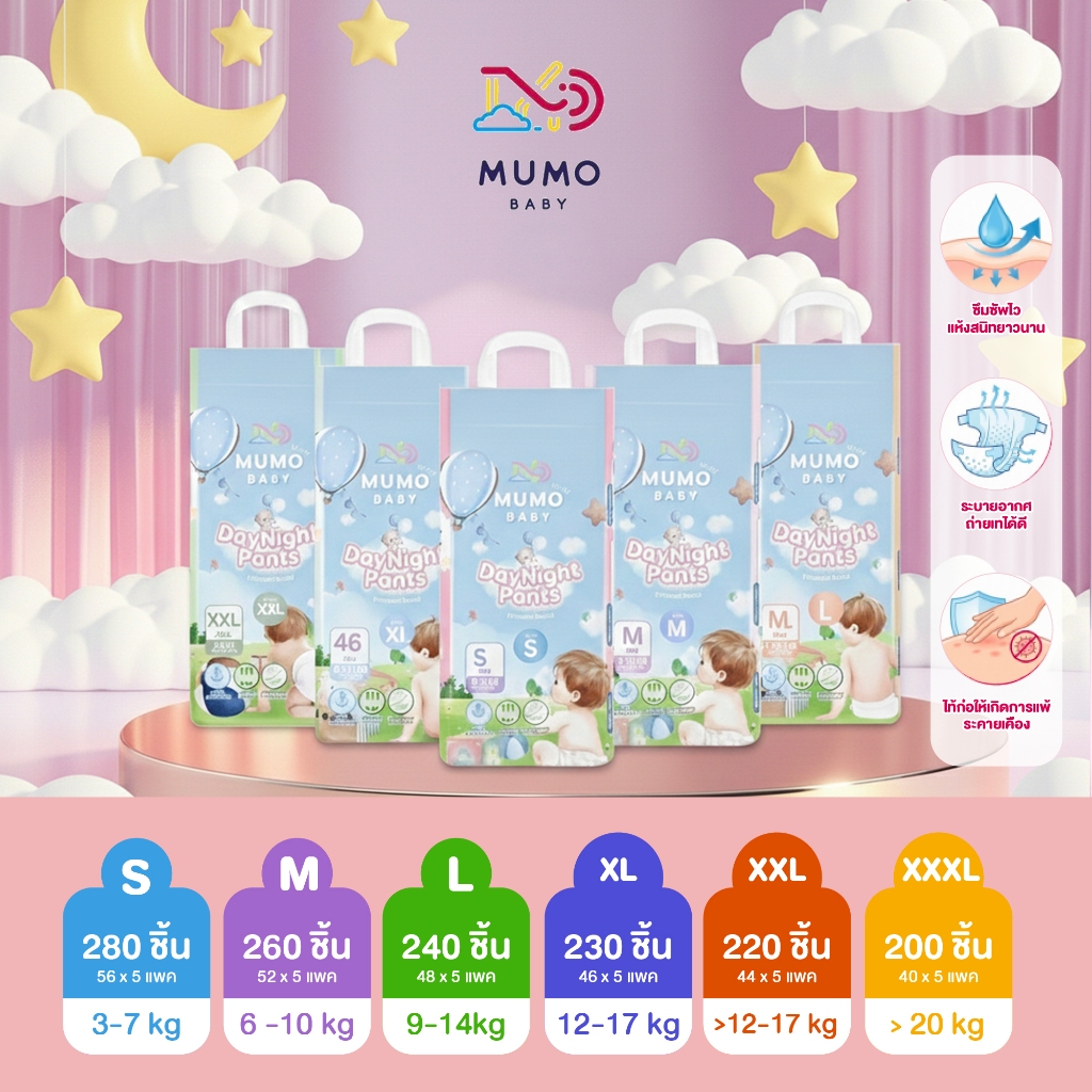 ใหม่ MUMO BABY DAY&NIGHT PANTS ไซส์ S-3XL กางเกงผ้าอ้อมเด็ก มูโมะเบบี้ แพมเพิสเด็ก ยกลัง 4 แพ็ค