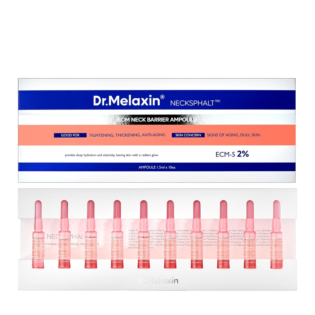 Dr. Melaxin Neck Asphalt ECM Barrier Essence Ampoules: กระชับผิว ลดริ้วรอย ปรับสีผิวให้สม่ำเสมอ และย