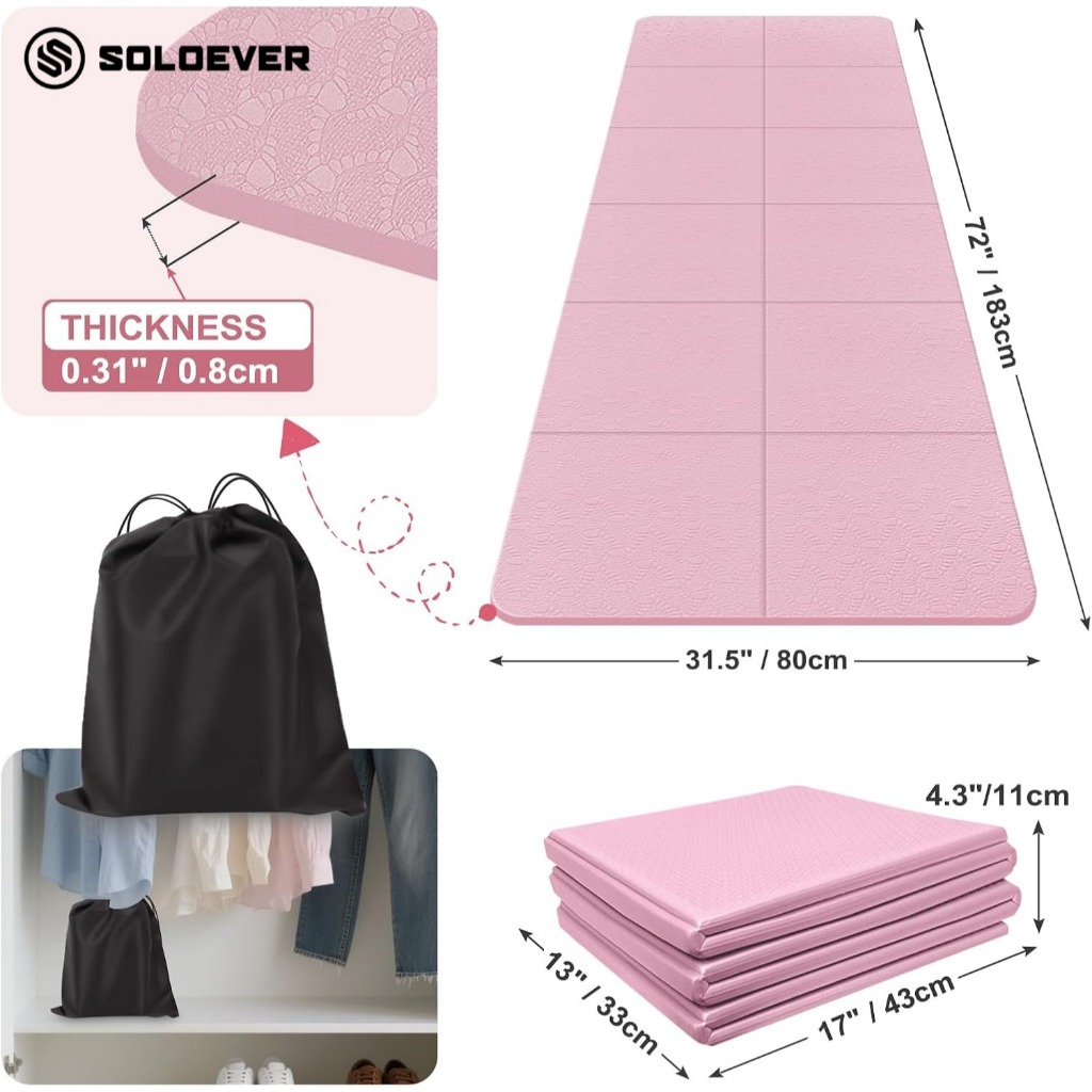 SOLOEVER เสื่อโยคะ พับเก็บได้ ไร้กลิ่น สำหรับออกกำลังกายที่บ้าน คุณภาพสูง กันลื่นและให้ความสะดวกสบาย