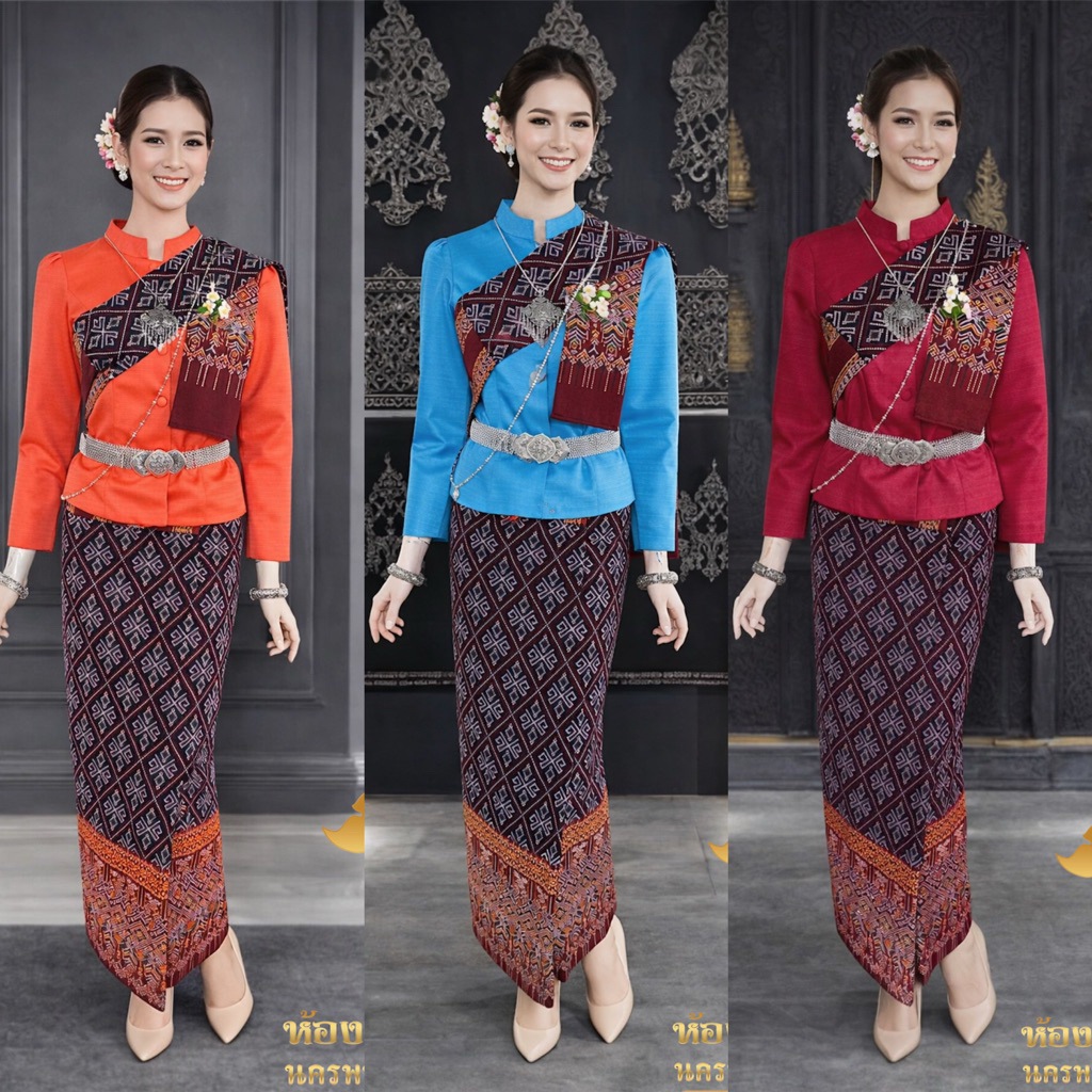 ชุดนางรำอีสานเซิ้ง เสื้อ +สใบ +ผ้าถุง พิมพ์ลาย