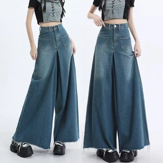 S~5XL Baggy jeans Blue กางเกงยีนส์ขากว้างเอวสูงย้อนยุค 2026 สไตล์ใหม่ดิบขอบหลวมสบายๆกางเกงขาช้างอเนกประสงค์ HOT