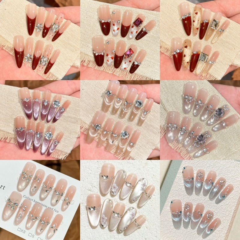 เล็บปลอมสไตล์เวียดนามงานเคลือบเจลสีลูกแก้วเล่นแสง เล็บปลอมสีแดงมงคล ไซส์M แถมเซตกาวอุปกรณ์ติดเล็บ