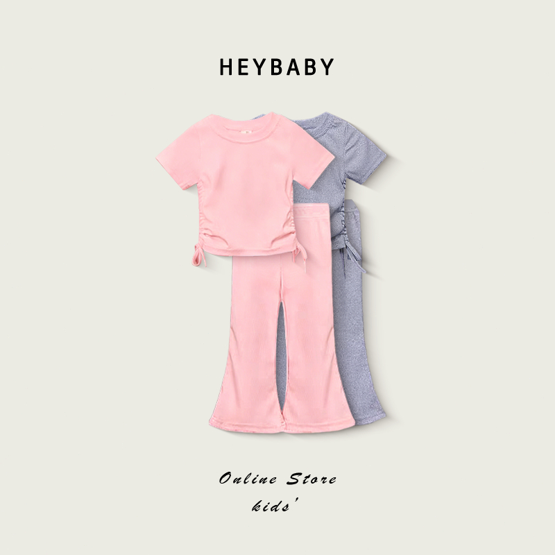 2-12 ปี เสื้อแขนสั้นกางเกงขาม้า งาน2ชิ้น สไตล์เกาหลีชุดเด็กแขนสั้นสองชิ้น สไตล์เกาหลี ขาบาน ผ้านิ่มใส่สบาย