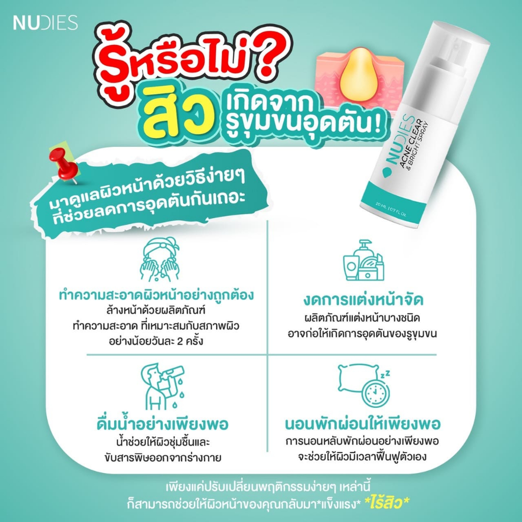 Nudies Acne Clear & Bright Spray 20ml แพ็กคู่ 2 ขวด สเปรย์บำรุงผิวหน้า พกง่าย - รูปที่ 2