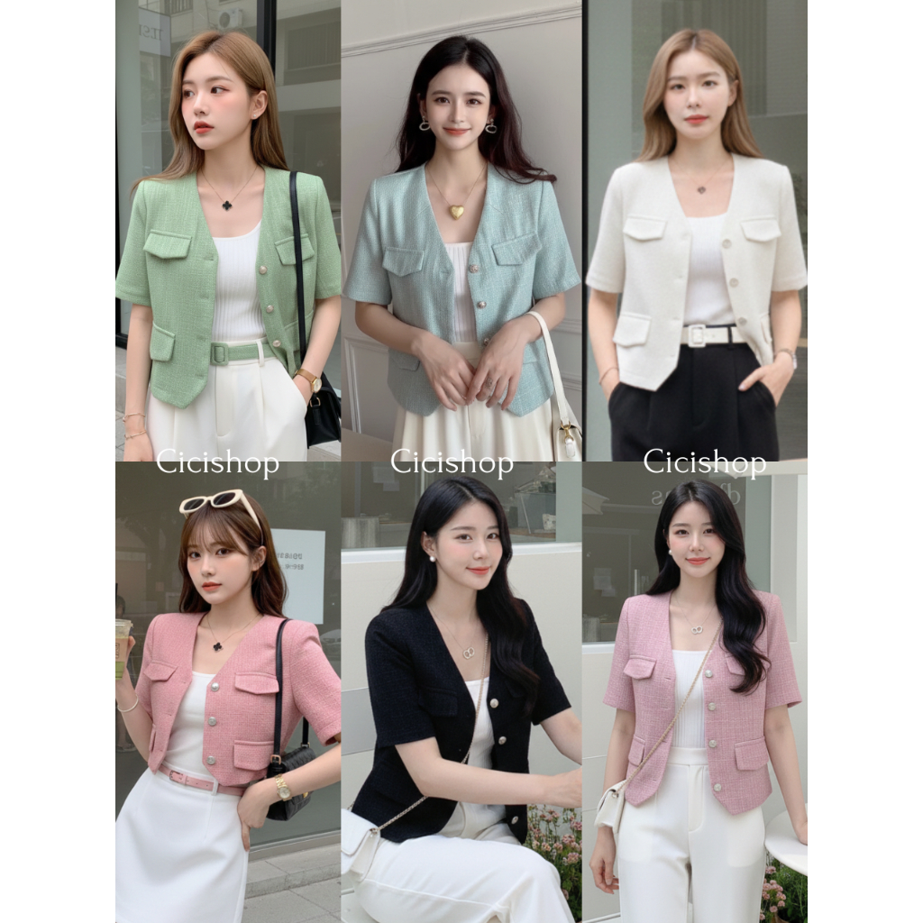 Cicishop(1085)เสื้อแขนสั้น ผ้าทวิตอย่างดี กระดุมหน้า ดีเทลกระเป๋า ชายไม่เหลี่ยมแบบเก๋ๆ เรียบหรูแพงมาก
