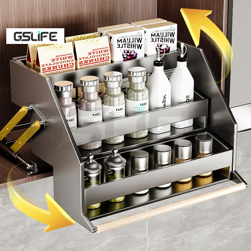 GSlife ชั้นวางของแบบดึงลง 2/3 ชั้น สำหรับจัดเก็บขวดเครื่องเทศ รับน้ำหนักได้ 30 กก. ประหยัดพื้นที่