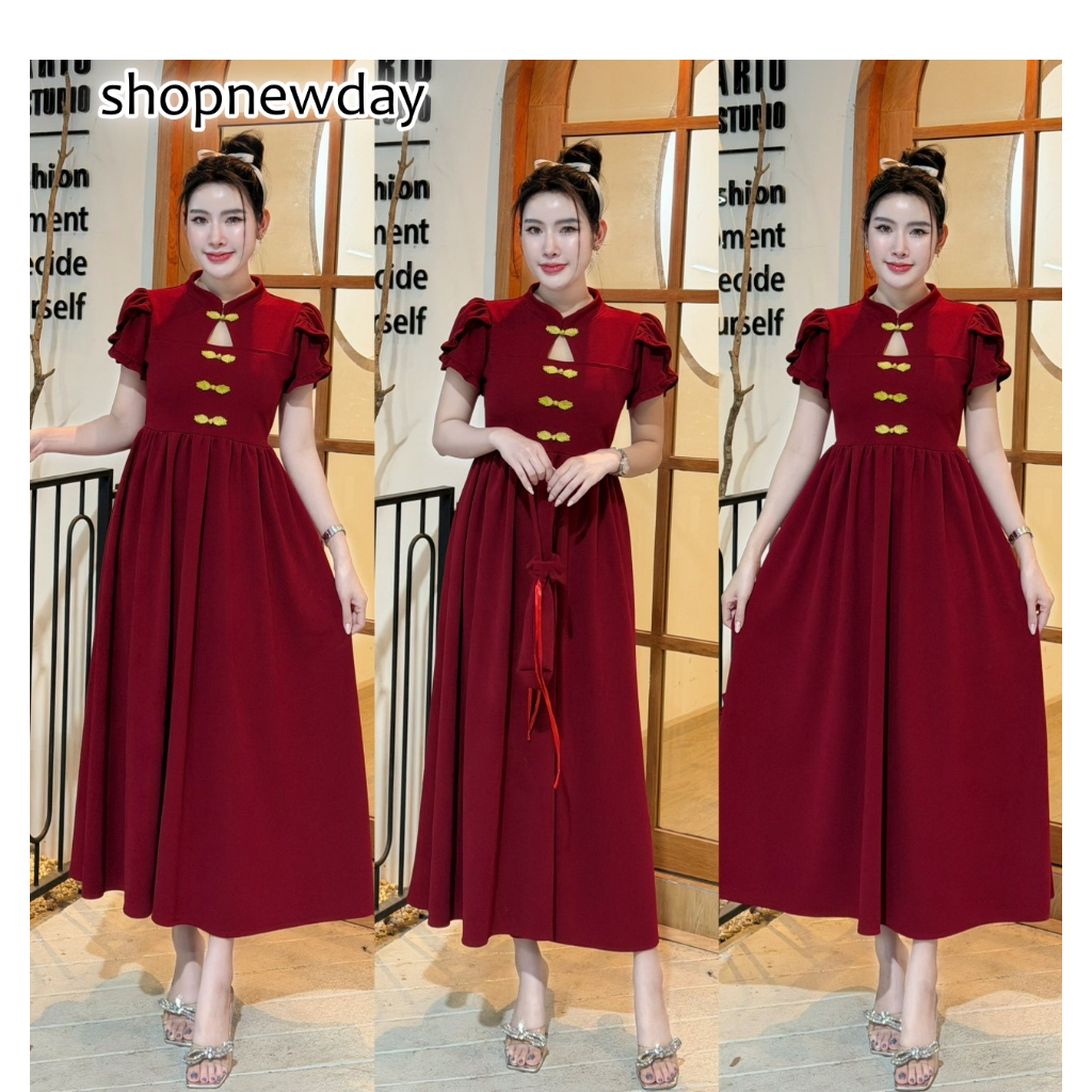 เซตเดรสผ้าวูลเวฟ  กระเป๋าตรุษจีน  +  เดรสกี่เพ้า คอจีน เว้าอก แขนกุหลาบแต่งระบาย สม๊อคหลัง  A7534