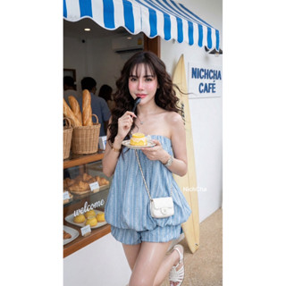 #Nicha Set2ชิ้น เกาะอกบอลลูนแต่งโบว์ที่อก ขาสั้นทรงน่ารัก ผ้…