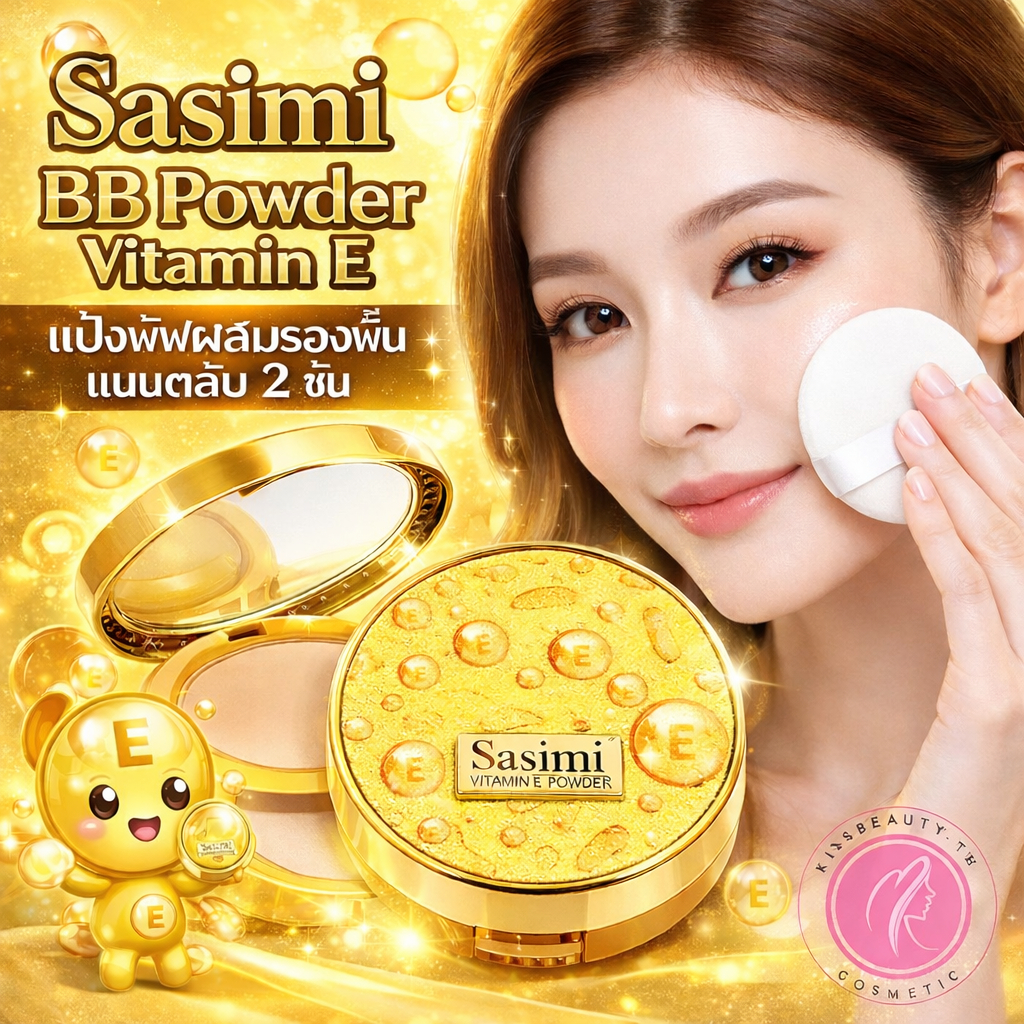 Sasimi BB Powder Vitamin E แป้งพัฟผสมรองพื้น แบบตลับ 2 ชั้น ช่วยควบคุมความมัน กันแดด กันเหงื่อ