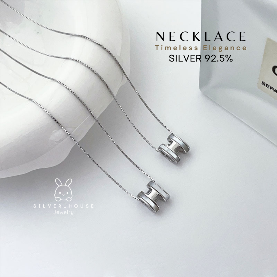 สร้อยคอเงินแท้ 92.5% ลายโซ่กล่องห้อยจี้Hสีขาว น่ารักสุดๆ