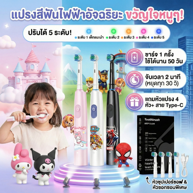 แปรงสีฟันไฟฟ้า สำหรับเด็กและผู้ใหญ่ ปรับได้5ระดับ แถมหัวแปรง4หัว+สายชาร์จTYPE-C