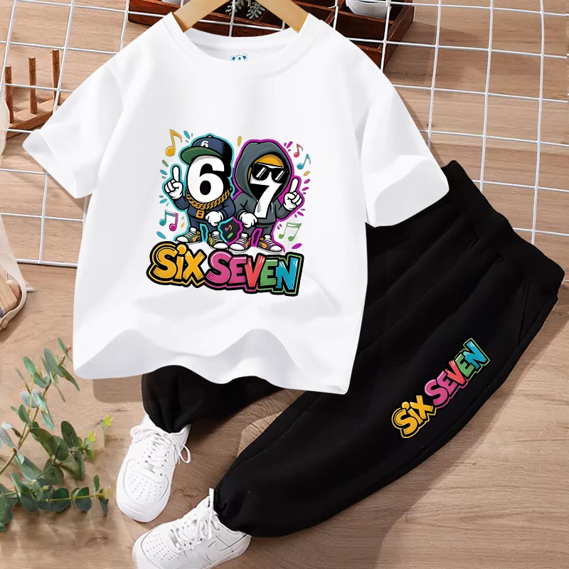 #H1343+K1343Bชุดเซ็ทเด็กเสื้อยืด+กางเกงขายาว ผ้านุ่นใสสบาย.กางเกงเอวยางยืดได้มีกระเป๋า ได้ทั้งเด็กชายและเด็กหญิง