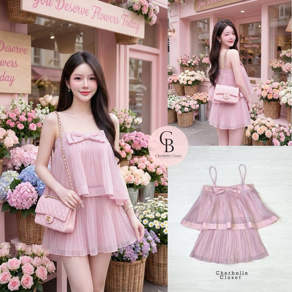 Cherbelle Closet (เช็คก่อนสัาง):Set  เสื้อสายเดี่ยวเกาะอกผ้าอัดพลีท+กระโปรงอัดพลีท(XS SML)