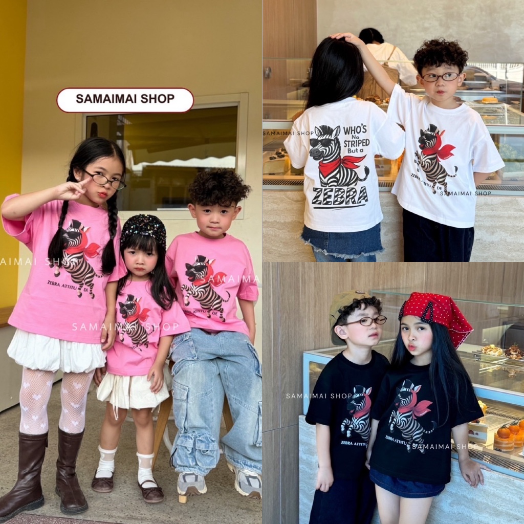 เสื้อเด็ก เสื้อยืดแขนสั้น สกรีนลายZEBRAแมทช์ผ้าโพก เนื้อผ้าคอตตอนเกาหลี #CTX001