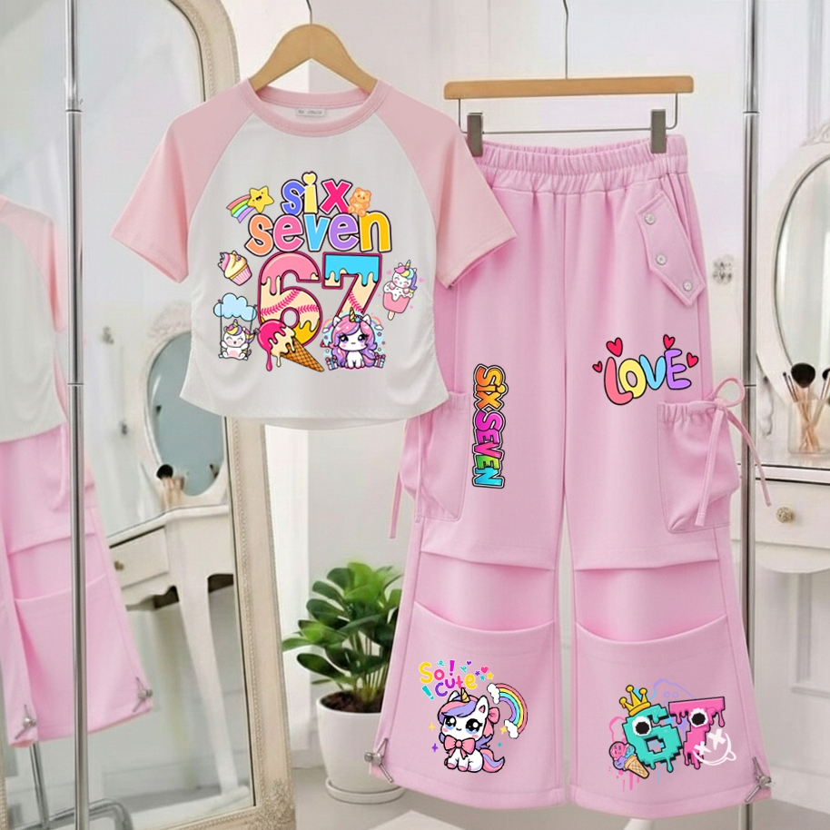 ชุดเซ็ทเด็ก2ชิ้น ลายการ์ตูนsix seven 67 เสื้อยืดลายการ์ตูน+กางเกงคาร์โก้ สไตล์เกาหลี 9480