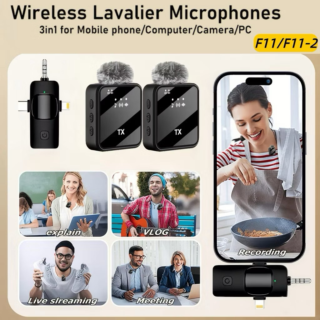 F11 ไมค์ติดเสื้อไร้สาย Wireless Microphone ระบบตัดเสียง เสียงชัด ถ่ายVDO/Live 3-in-1 พร้อมแผ่นกรอง Pop