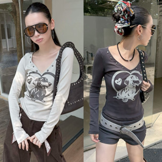 *ส่งสินค้า16/04***พร้อมส่ง**BY0365 เสื้อคอวีลายสกรีนน้องหมา …