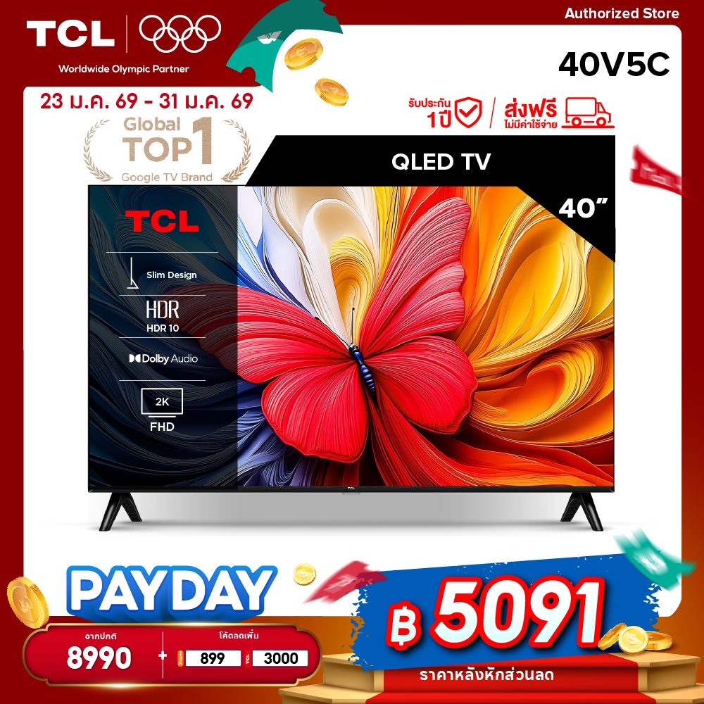 [NEW 2025] TCL ทีวี 40 นิ้ว FHD QLED Google TV รุ่น 40V5C Slim Design, Netflix&Youtube, Voice Search, Dolby Audio