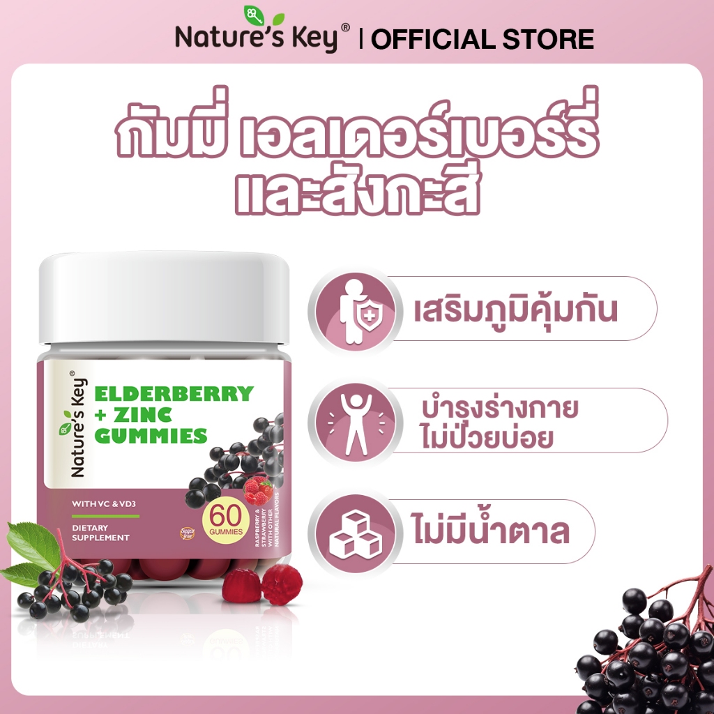 [มีอย.] Nature’s Key เอลเดอร์เบอร์รี่ + ซิงค์ กัมมี่ เสริมภูมิ ช่วยให้ร่างกายแข็งแรง (60 ชิ้น)