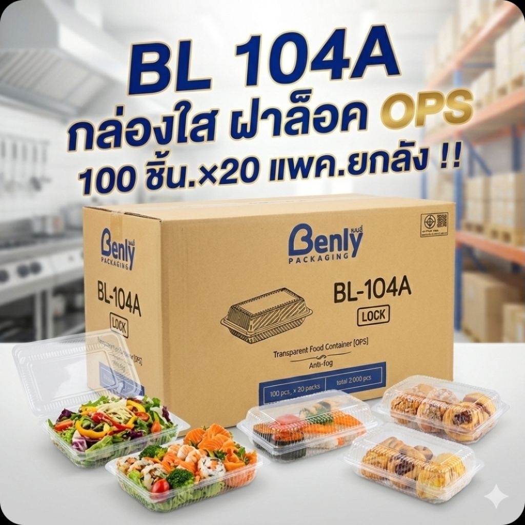 📦Benly BL-104A กล่องพลาสติกใส ฝาล็อค OPS จำนวน 100 ชิ้น.×20 แพค./2,000 ชิ้น.(ยกลัง).📦