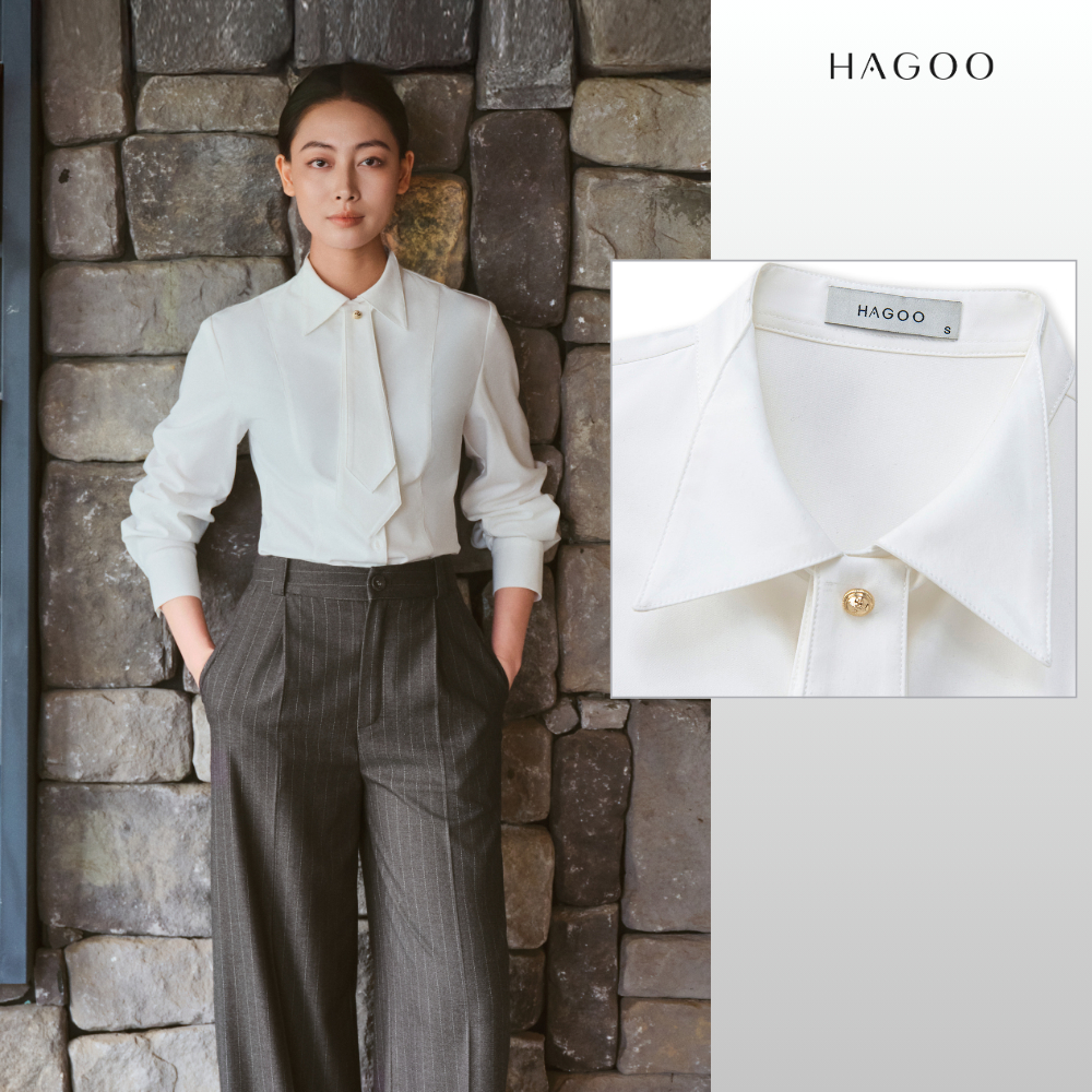 HAGOO เสื้อเชิ้ตสีขาวเข้ารูป แขนยาว พร้อมเนคไทรอดได้ ลุคสุภาพ [A8017]