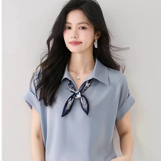 99159 เสื้อเชิ้ตแขนสั้นผ้าซาตินชีฟองแบบใหม่สำหรับผู้หญิง คอปกพับ มาพร้อมเนคไท เหมาะสำหรับฤดูร้อน มีสามสีให้เลือก
