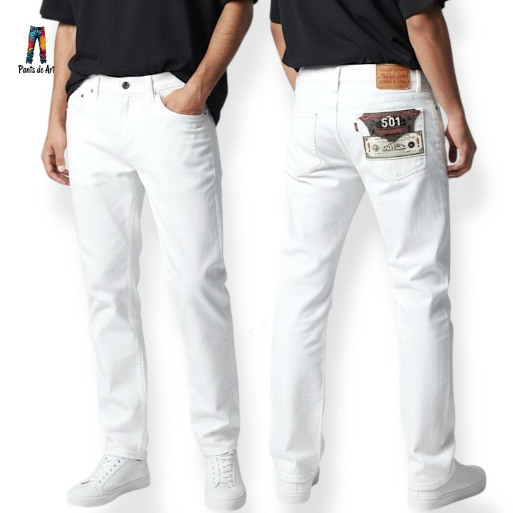 PANTS DE ART กางเกงยีนส์ชายสีขาว ทรงกระบอกเล็กผ้ายืด เป้าซิป ใส่สบาย SIZE28–44" มีเก็บเงินปลายทาง