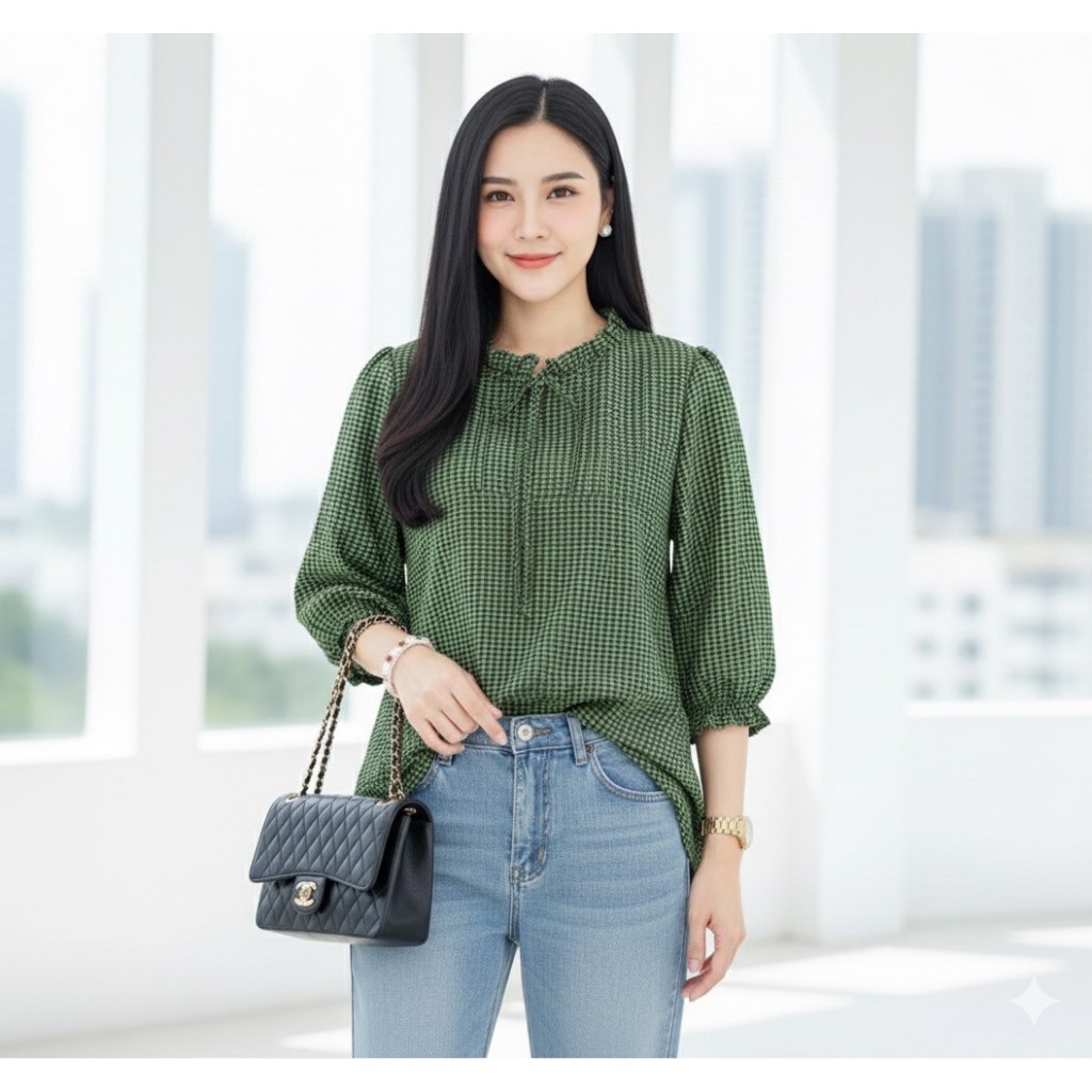 เสื้อไหมอิตาลี่ ลายสก๊อต ใส่สบาย ระบายอากาศได้ดี สาวอวบใส่ได้ - รูปที่ 3