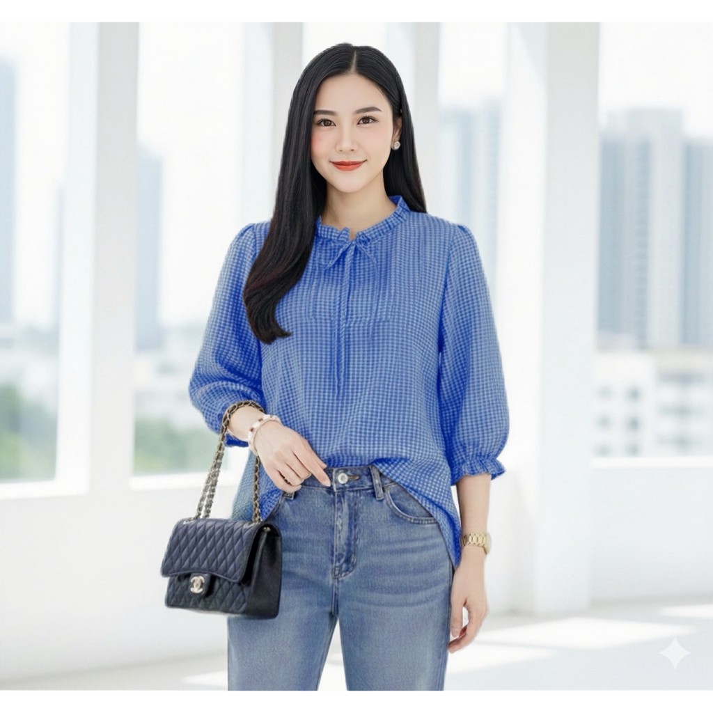 เสื้อไหมอิตาลี่ ลายสก๊อต ใส่สบาย ระบายอากาศได้ดี สาวอวบใส่ได้ - รูปที่ 2