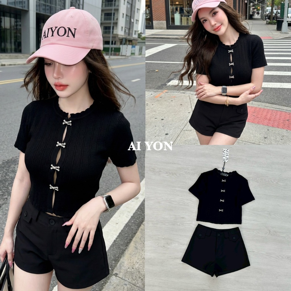 AIYON BRAND AY015 ชุดเซต เสื้อครอปสั้นแขนสั้น แมทช์ กางเกงขาสั้น