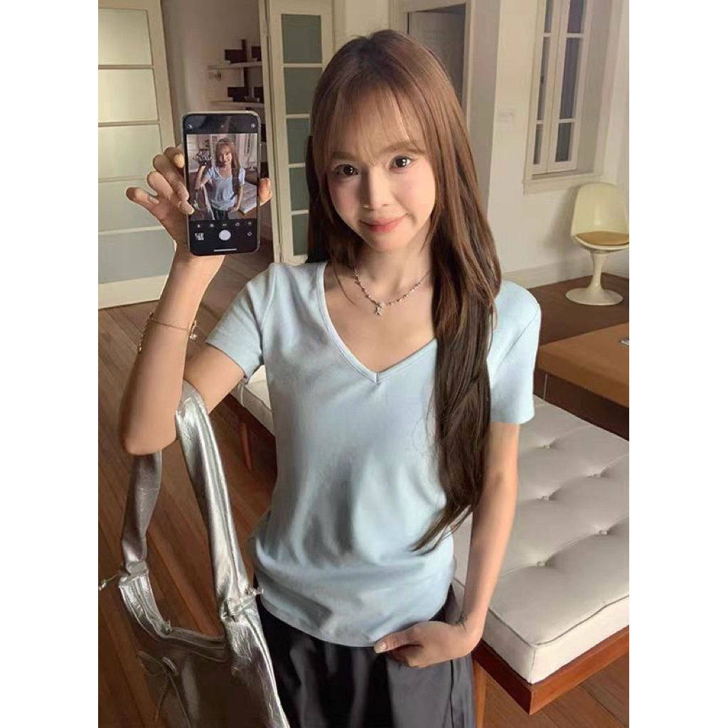 9000# เสื้อคอวีแขนสั้น เนื้อผ้ายืดหยุ่นได้เยอะ งานสวย TAG:WG.WE 🇰🇷 - รูปที่ 5