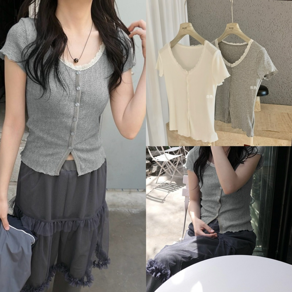 8938# เสื้อแขนสั้นคอยู แต่งลูกไม้ งานกระดุมหน้า เนื้อผ้าดี งานสวย TAG:WG.WE 🇰🇷