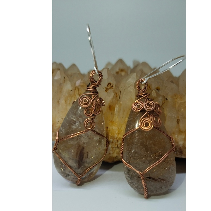 U40ต่างหูตะขอเงินแท้พลอยไหมทองดัดลวดทองแดง